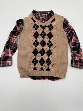 Hanna Andersson Boys Argyle Sweater Vest Knit Size 120 Size 6/7Tan Red Black EUC